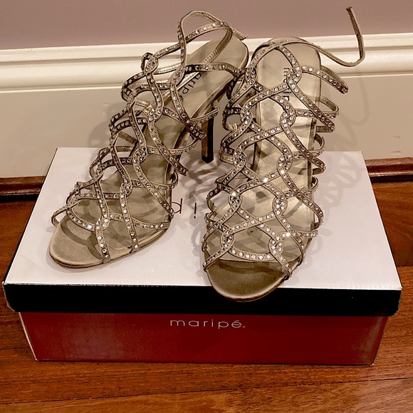 Gold and rhinestone strappy Heels with Modern Geometric Design SCARLETT - Picture 1 of 6